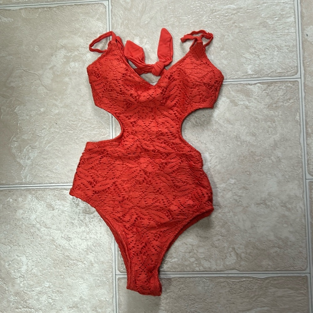 Orange Crochet Aerie One Piece Swimsuit